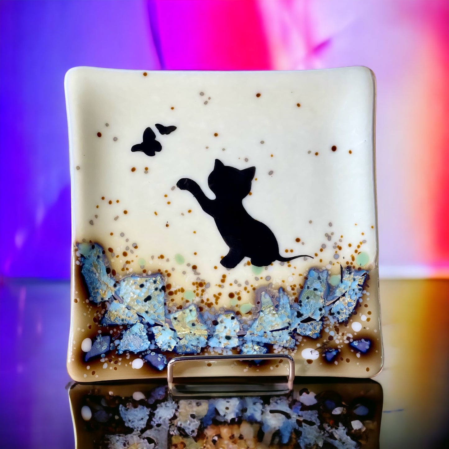 Kitten Chasing a Butterfly Plate on Reactive Glass with Silver infused - handmade