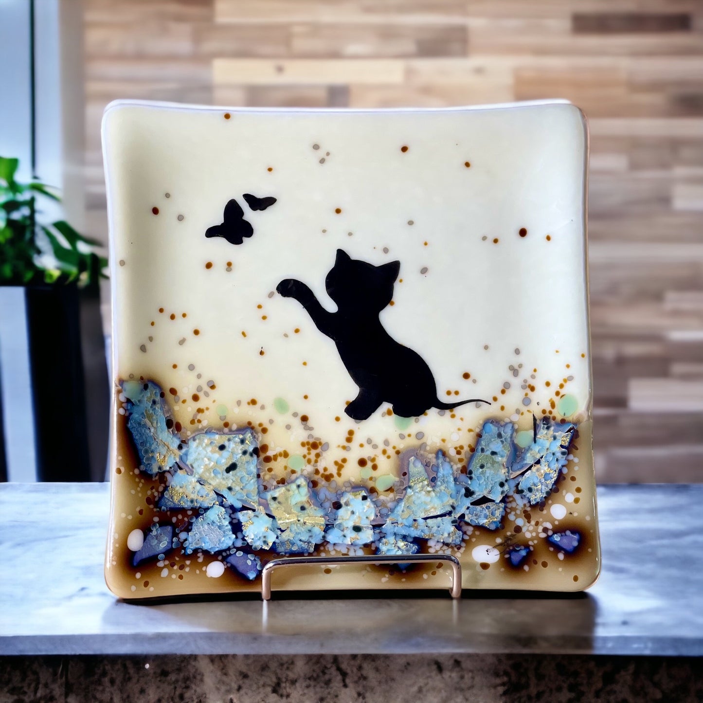 Kitten Chasing a Butterfly Plate on Reactive Glass with Silver infused - handmade