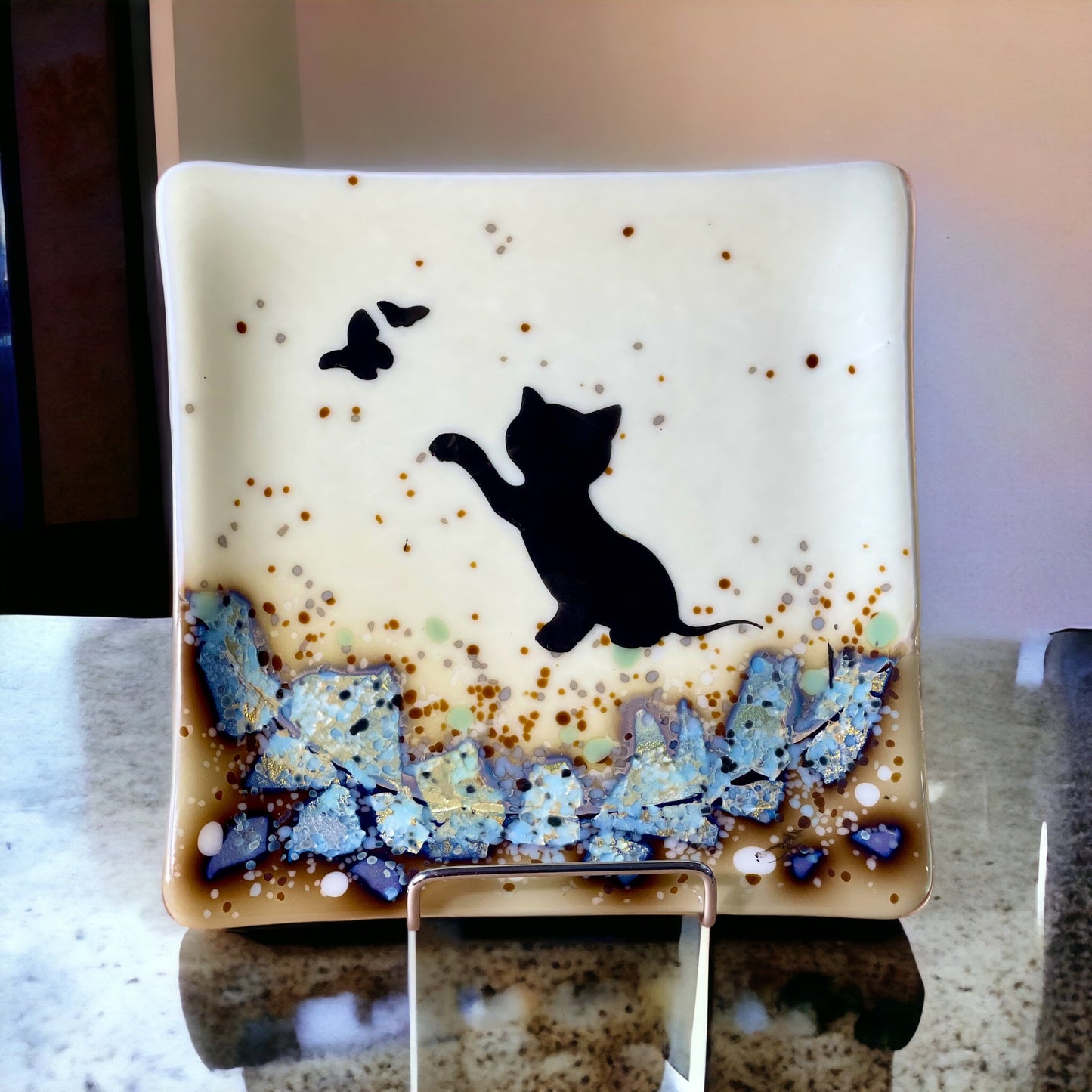 Kitten Chasing a Butterfly Plate on Reactive Glass with Silver infused - handmade