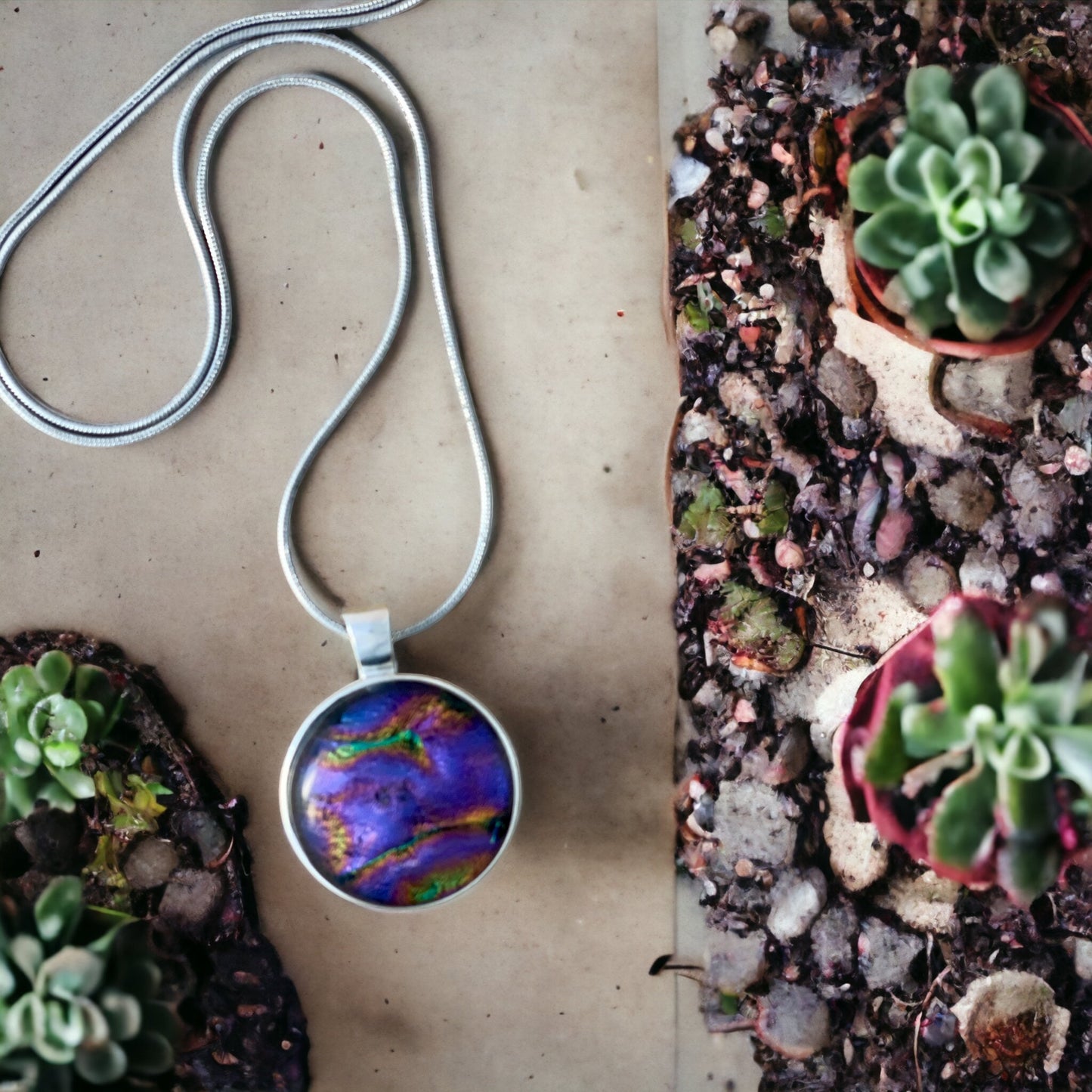 Round Marble Rainbow Dichroic Glass Pendant - Handmade