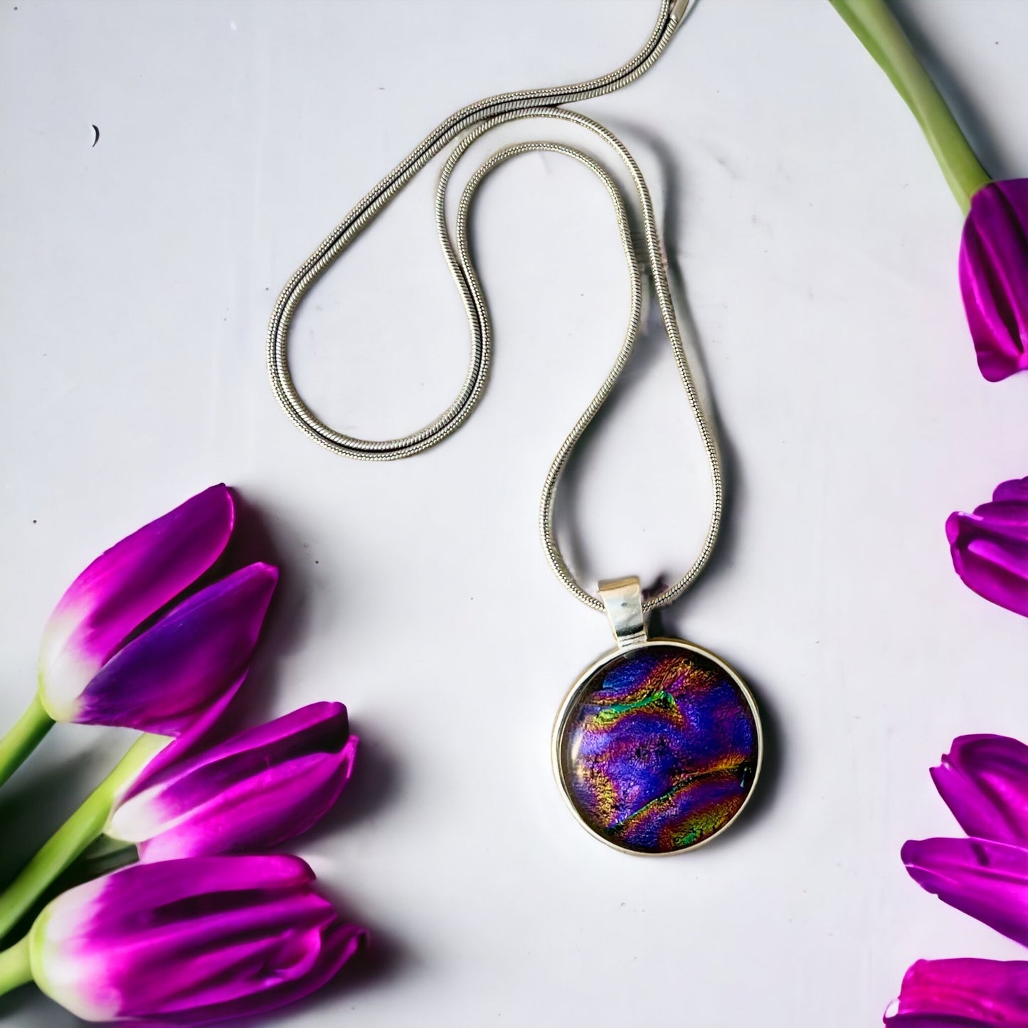 Round Marble Rainbow Dichroic Glass Pendant - Handmade