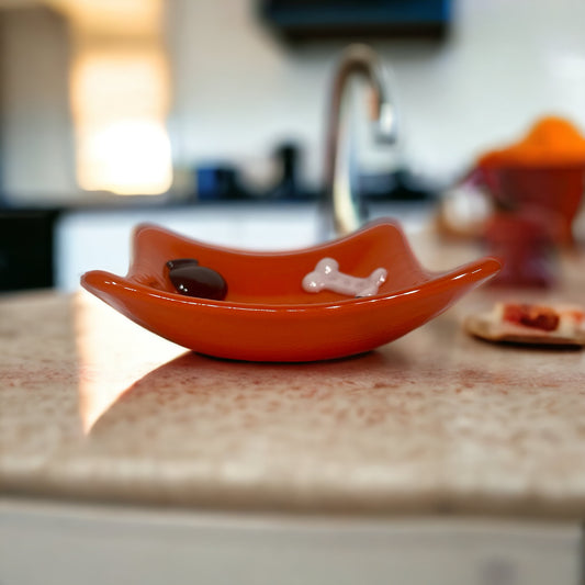 Halloween Orange Fused Glass Dish with Bones, Bats - Handmade