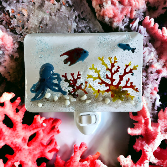Under the Sea with Fish and Octopus Fused Glass Night Light - Handmade