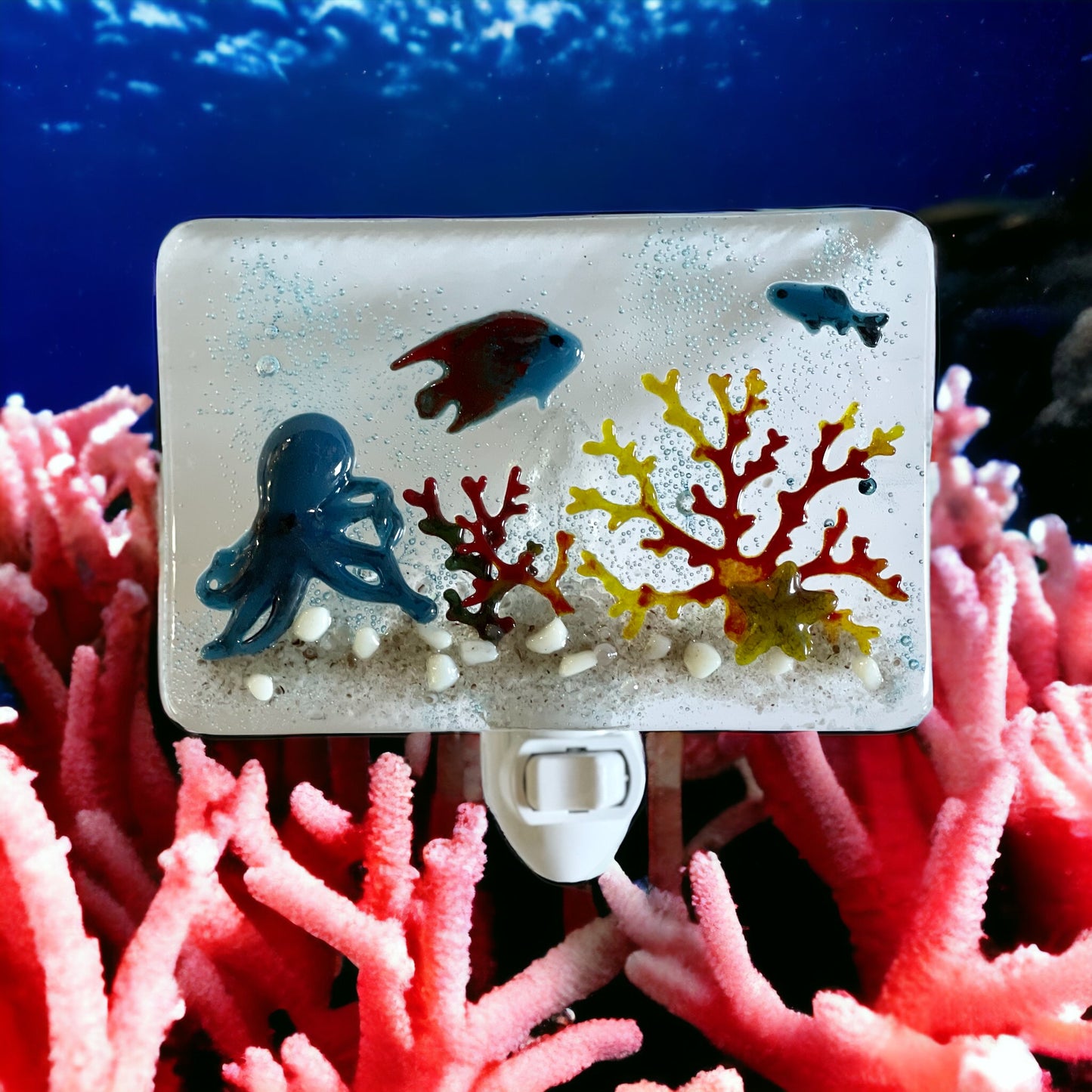 Under the Sea with Fish and Octopus Fused Glass Night Light - Handmade