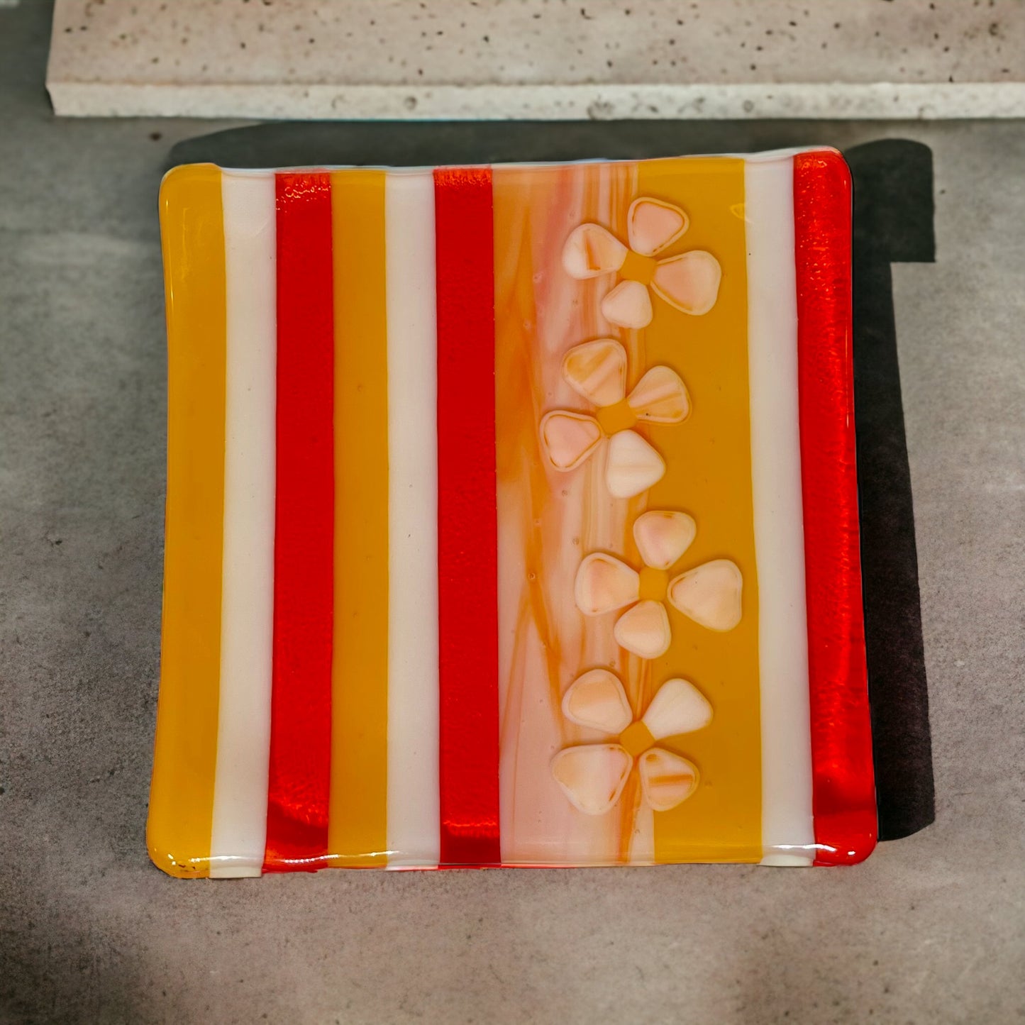 Botanical Floral Striped Fused Glass Dish, Yellow, White, Tangerine - Handmade