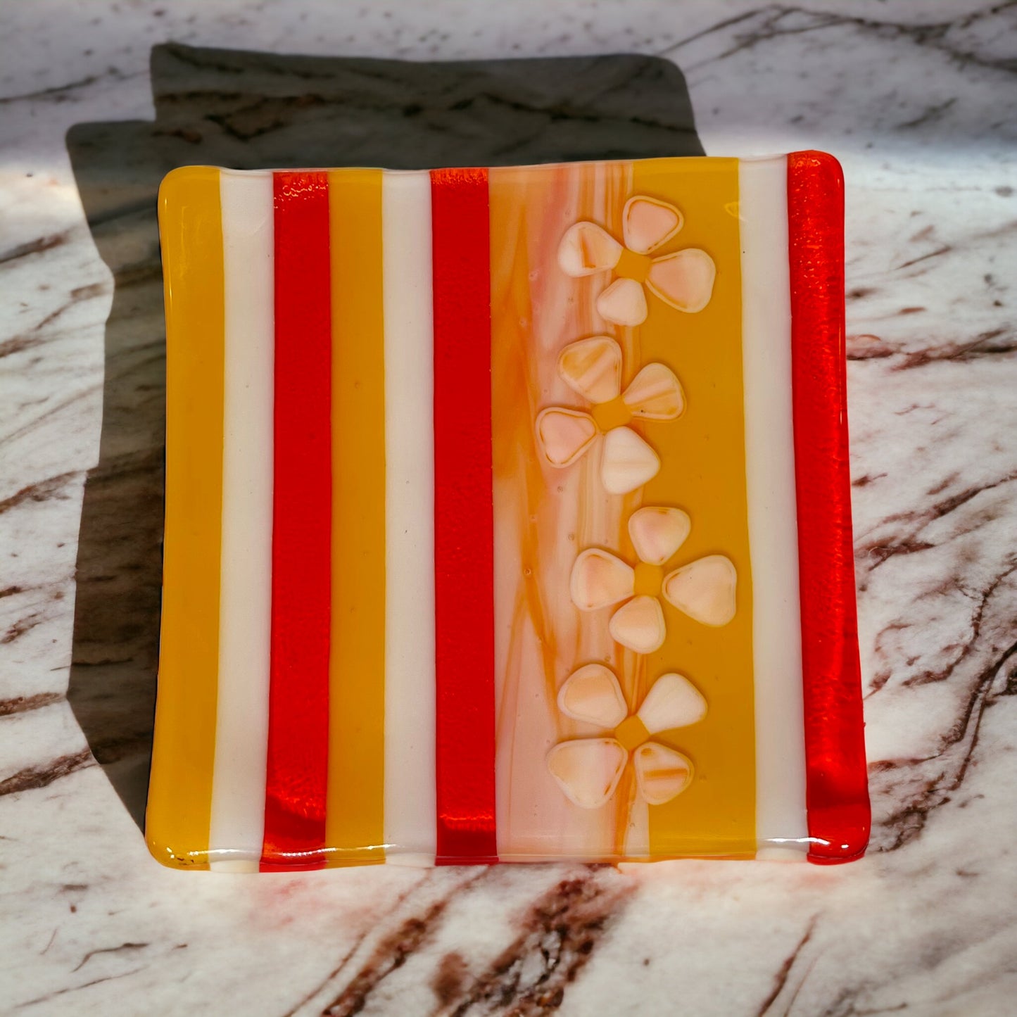 Botanical Floral Striped Fused Glass Dish, Yellow, White, Tangerine - Handmade