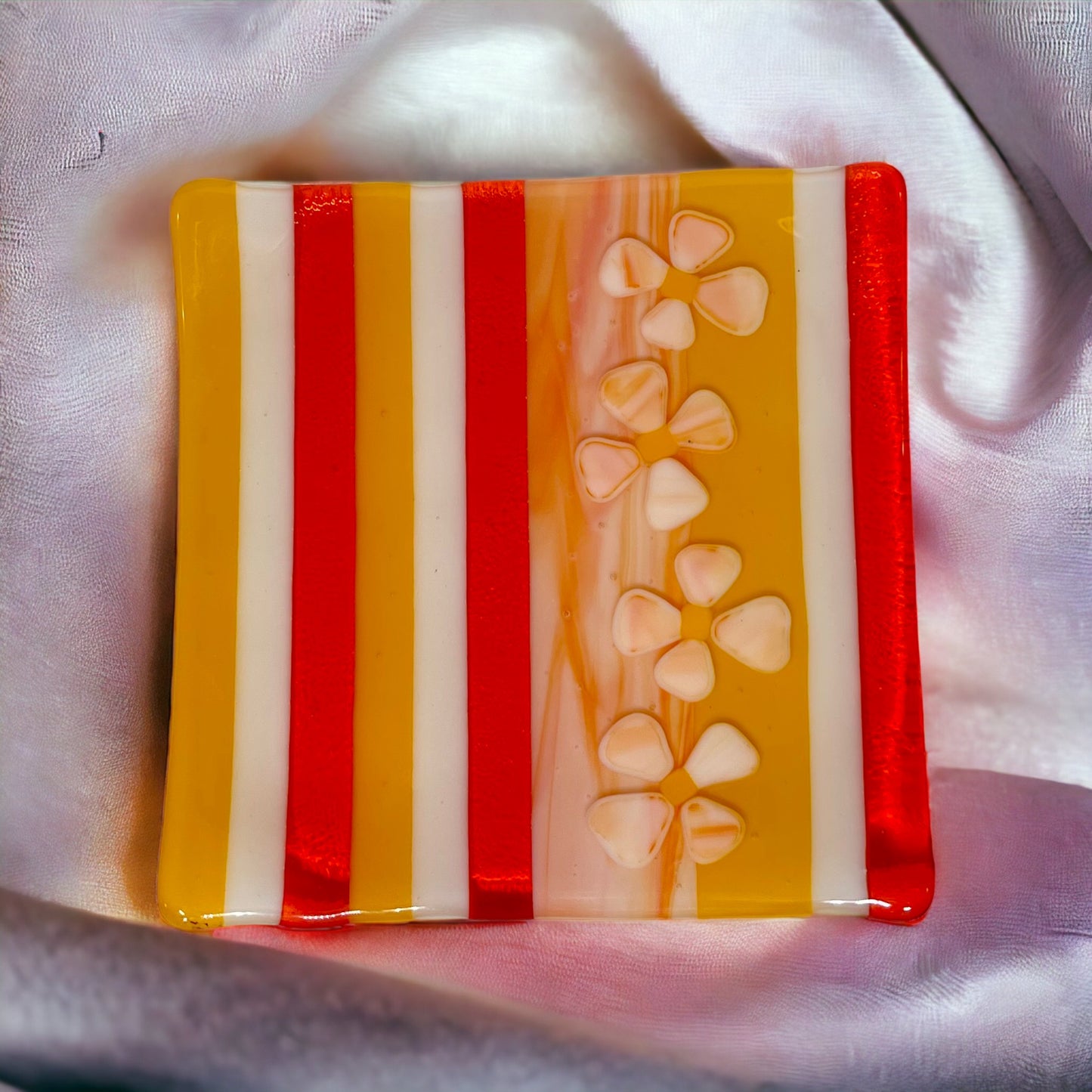 Botanical Floral Striped Fused Glass Dish, Yellow, White, Tangerine - Handmade