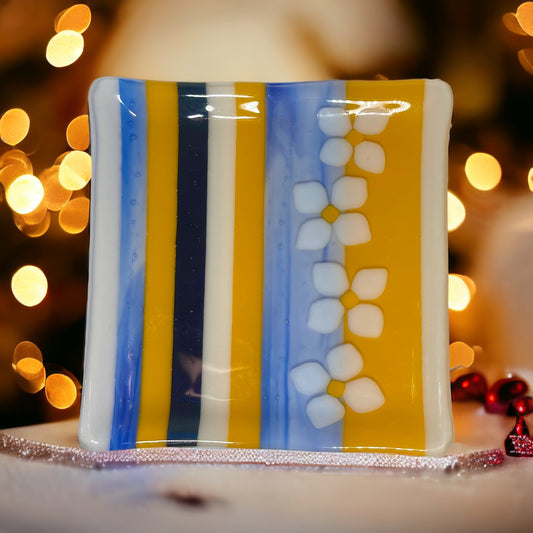 Botanical Floral Striped Fused Glass Dish, Yellow, White, Blue - Handmade