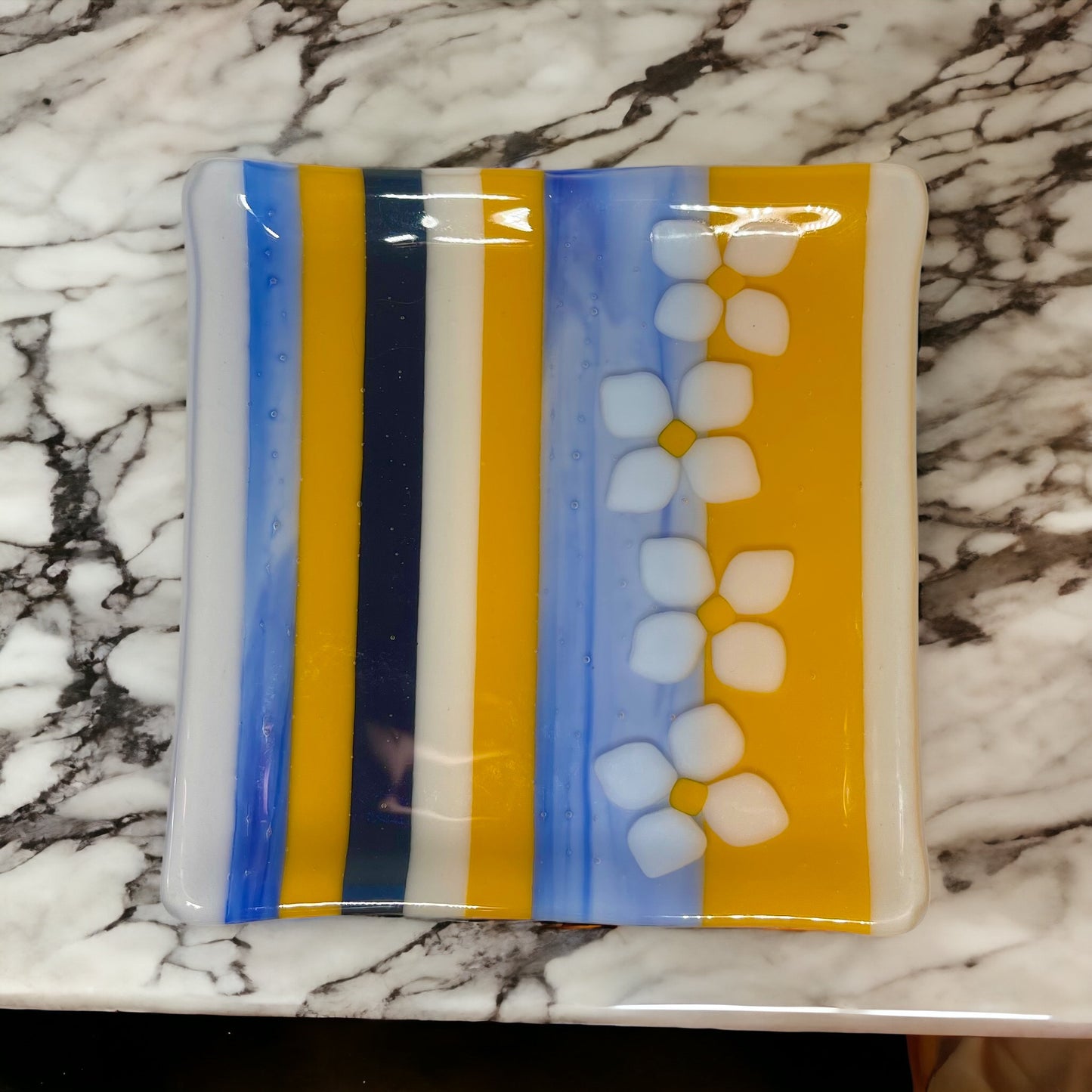 Botanical Floral Striped Fused Glass Dish, Yellow, White, Blue - Handmade