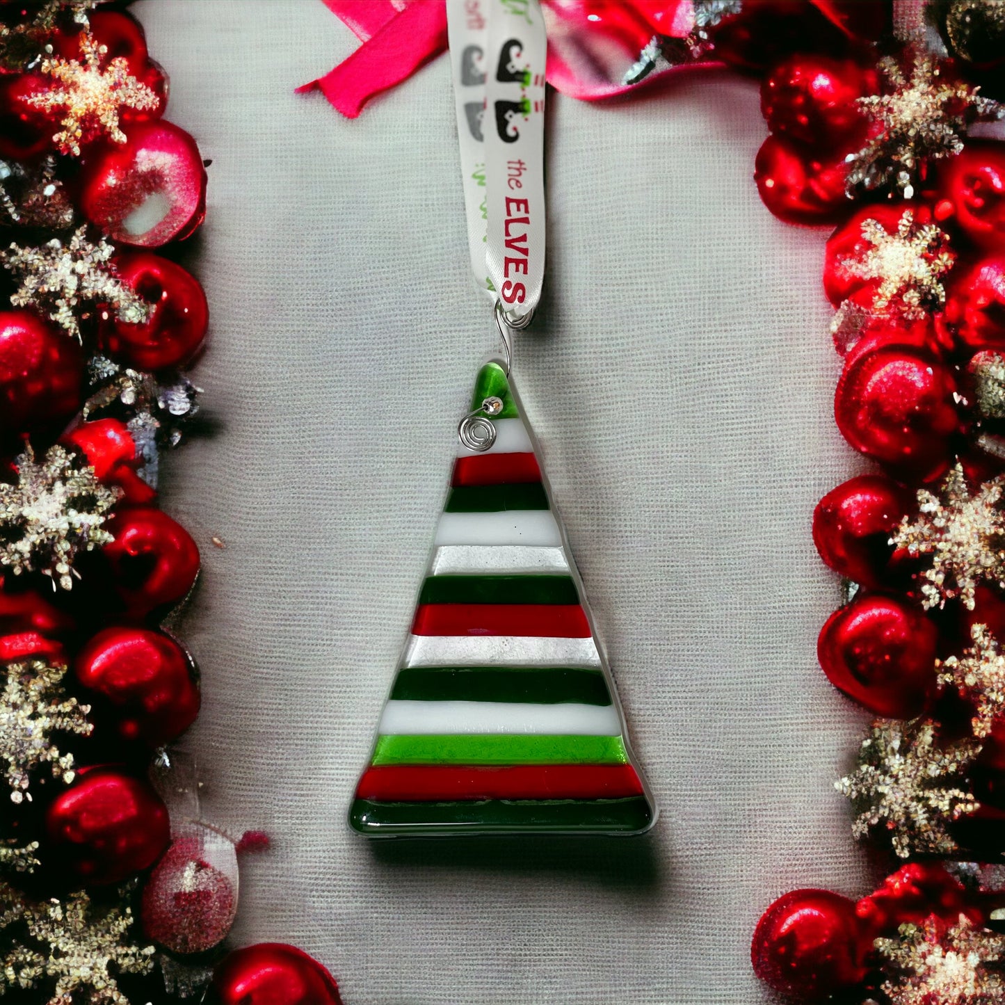 Red, Green, White Striped Fused Glass Holiday Tree Ornament - Handmade