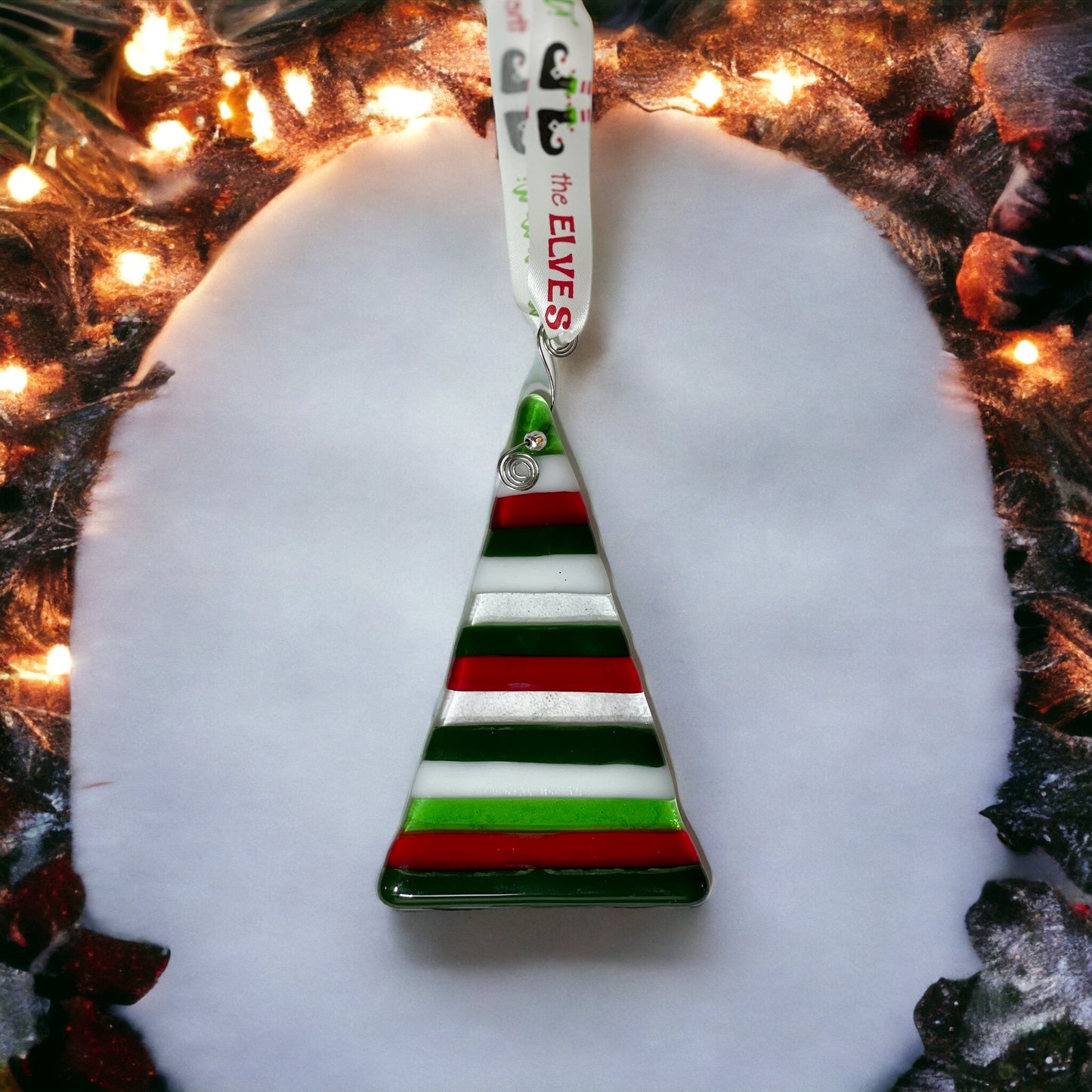 Red, Green, White Striped Fused Glass Holiday Tree Ornament - Handmade