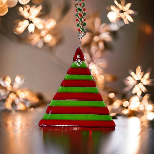 Red and Green Striped Fused Glass Holiday Tree Ornament - Handmade