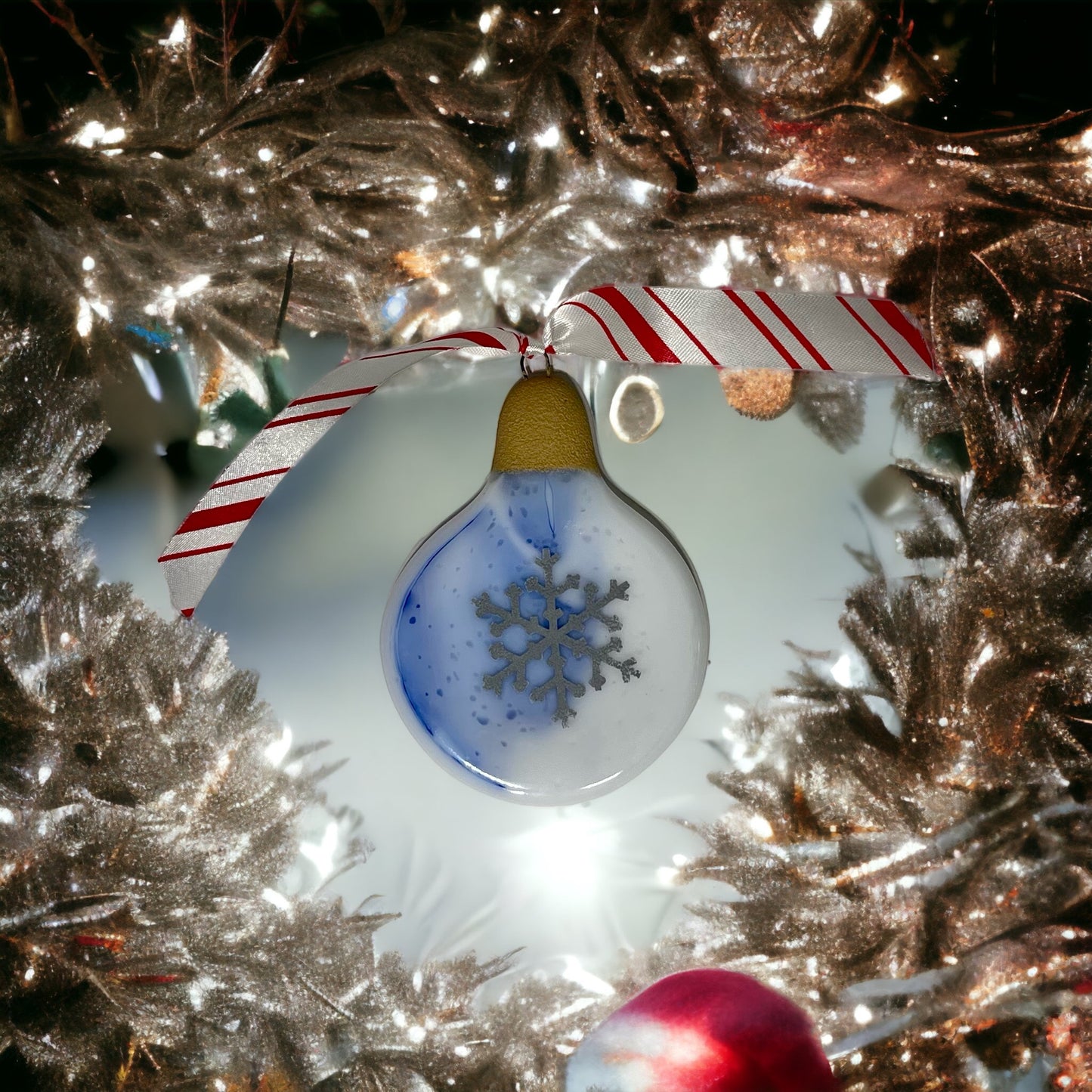 Round Fused Glass Holiday Tree Ornament with Snowflake - Handmade