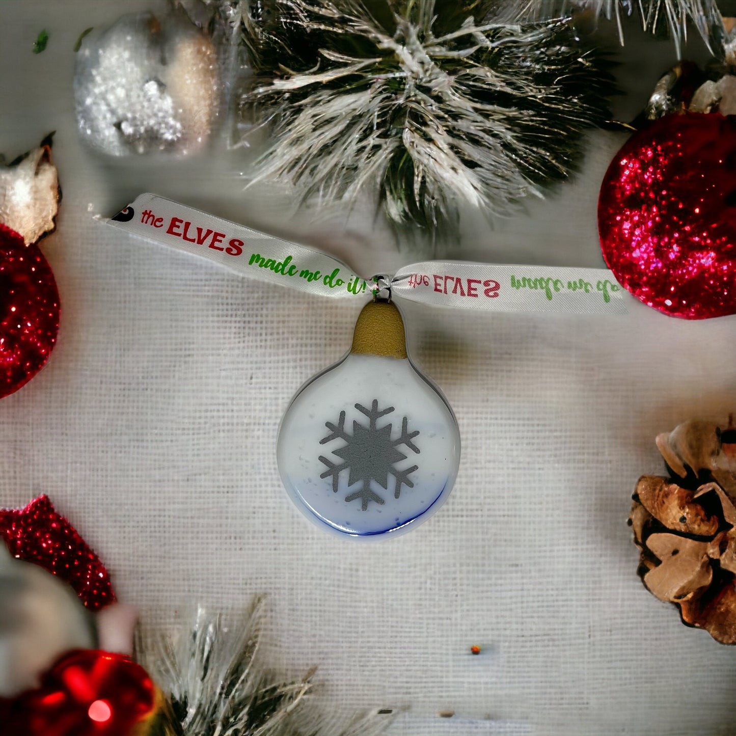 Round Fused Glass Holiday Tree Ornament with Snowflake - Handmade