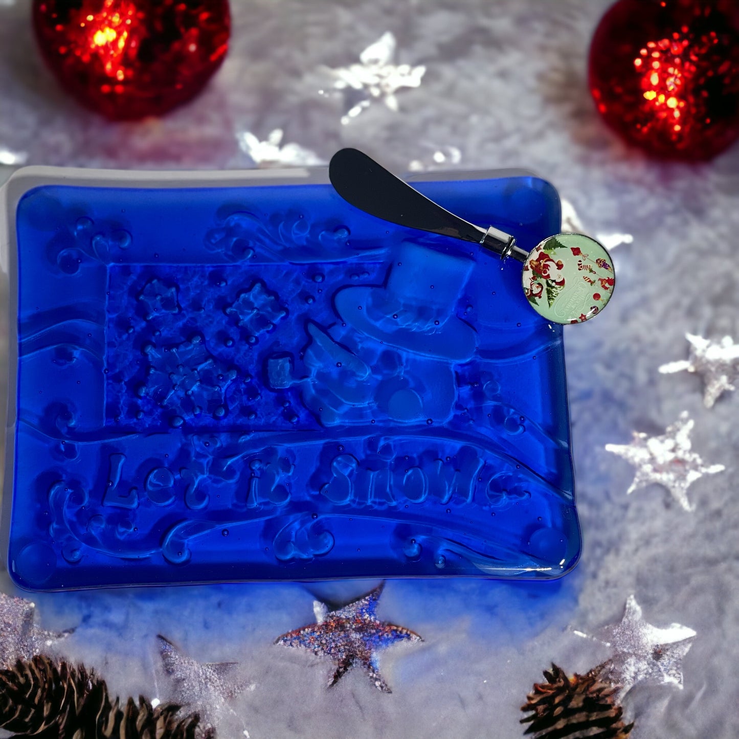 Let It Snow Blue Snowman Fused Glass Cheese & Cracker Plate with Nostalgic Knife - Handmade