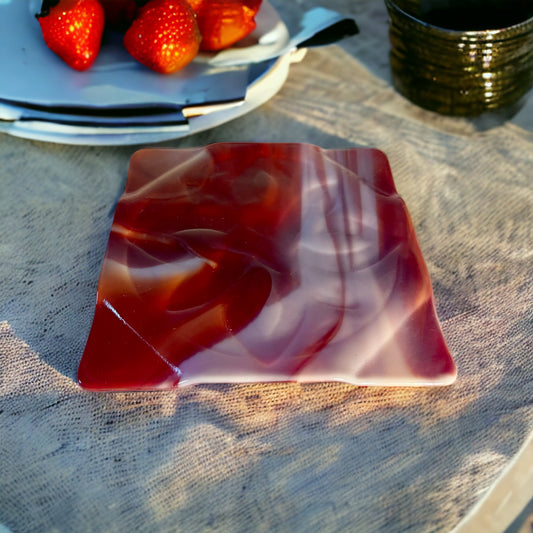 Red/Maroon Fused Glass Trivet with Slumped Design - Handmade