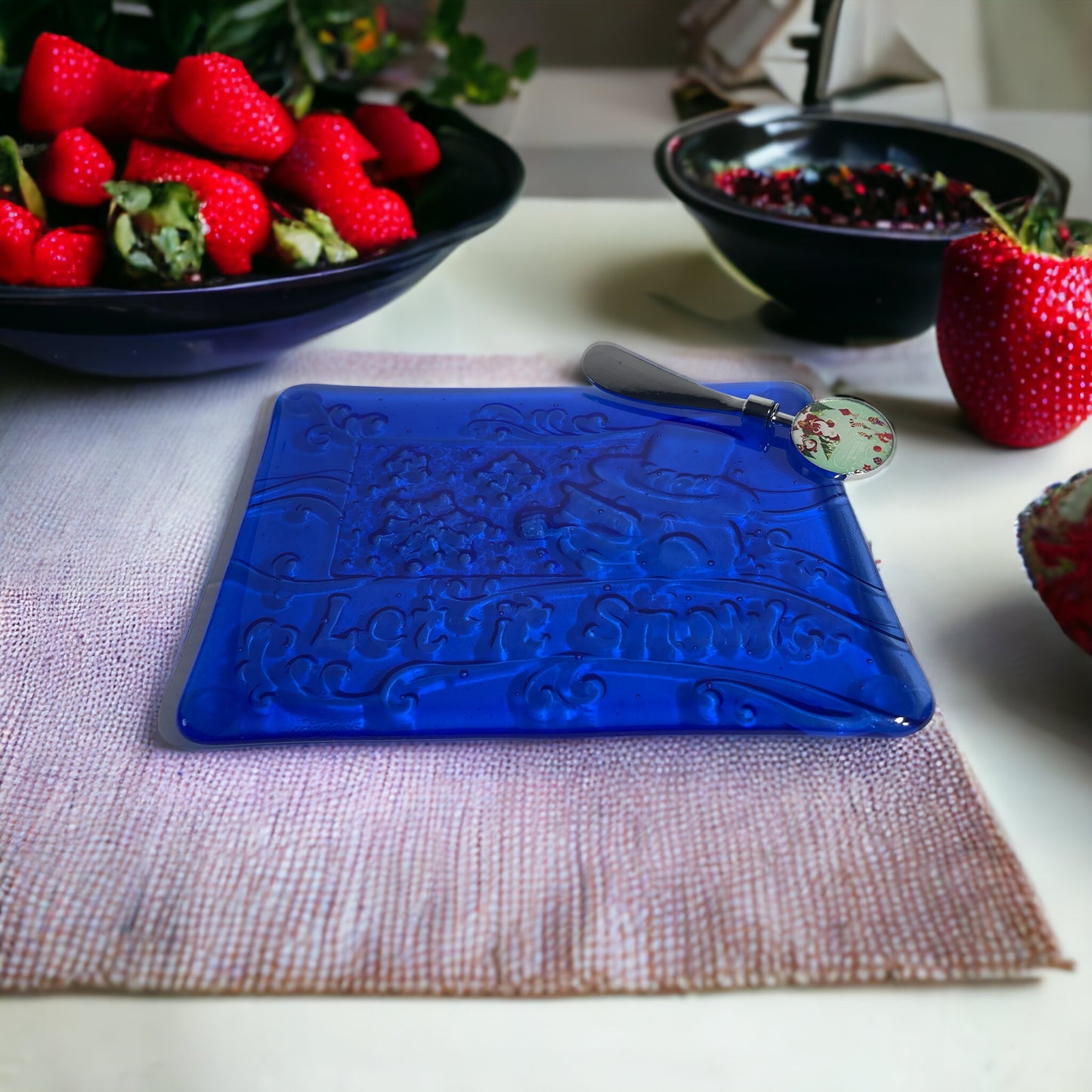 Let It Snow Blue Snowman Fused Glass Cheese & Cracker Plate with Nostalgic Knife - Handmade