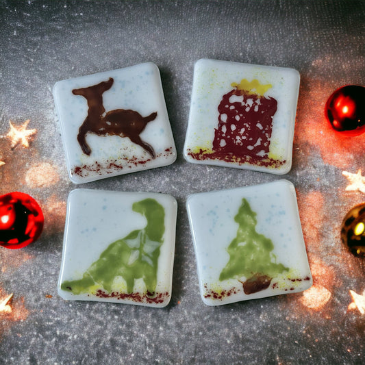 Nostalgic Holiday Tree, Gift, Reindeer and Dinosaur Fused Glass Coasters - handmade