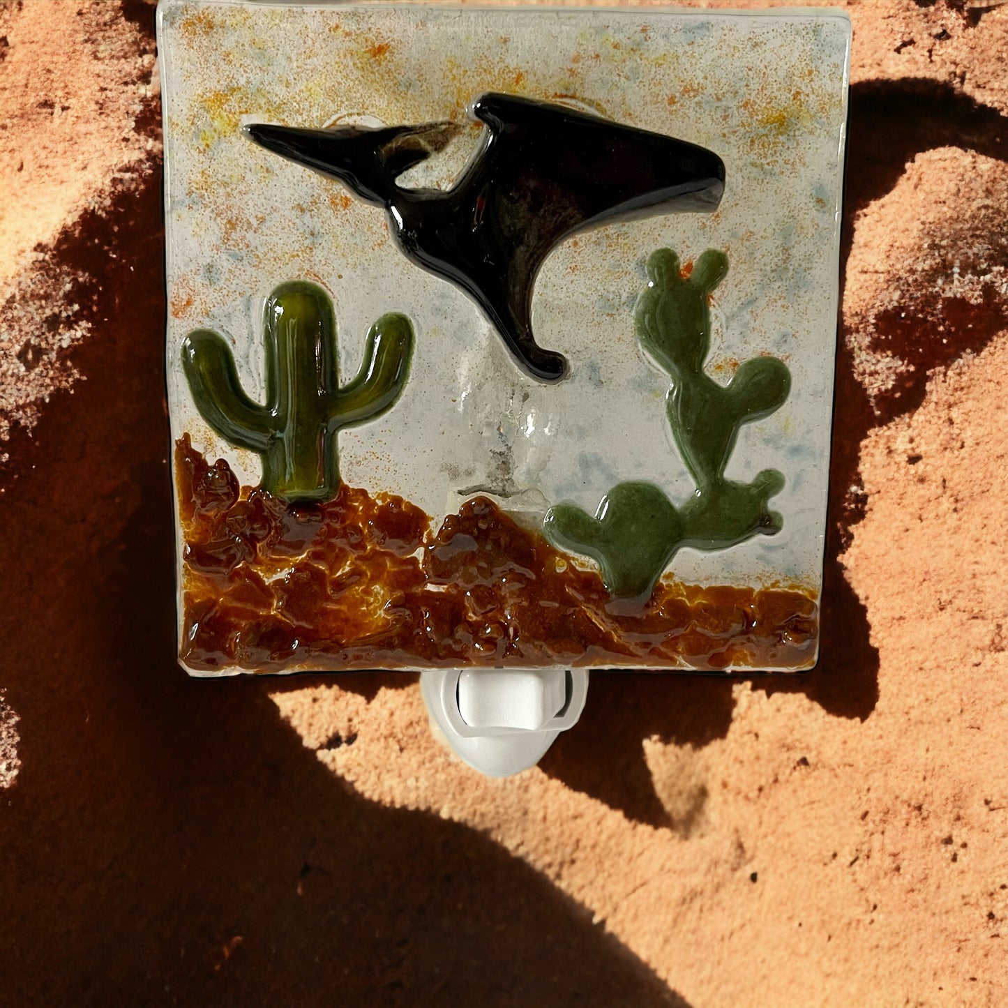 Teradactyl Flying over the Desert with Cactus Fused Glass Night Light - Handmade