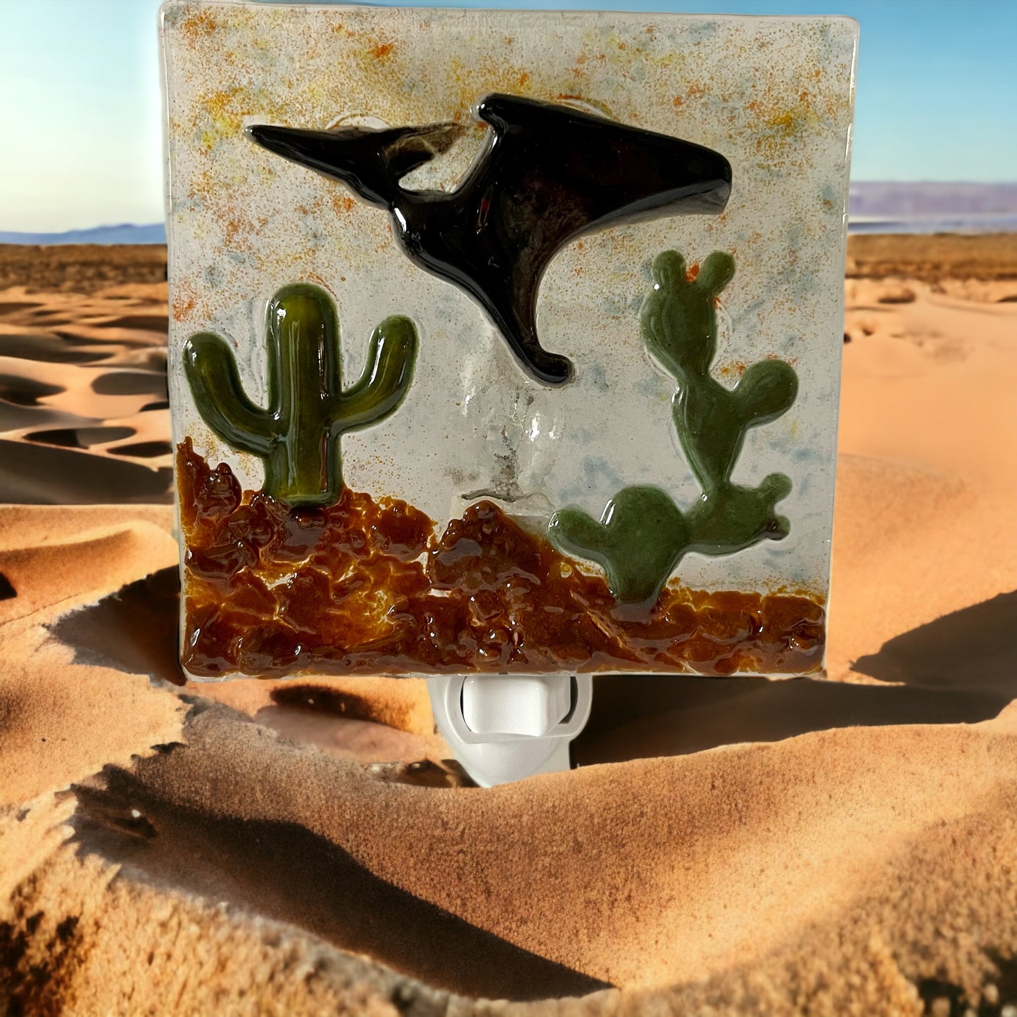 Teradactyl Flying over the Desert with Cactus Fused Glass Night Light - Handmade