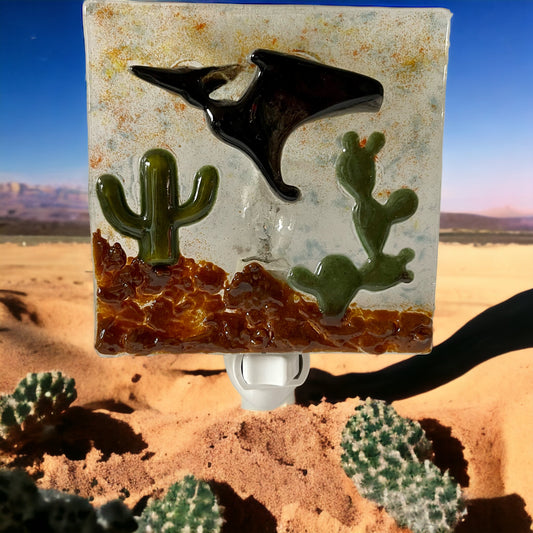 Teradactyl Flying over the Desert with Cactus Fused Glass Night Light - Handmade