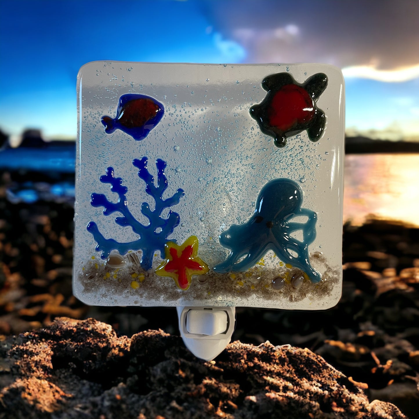 Under the Sea with Fish and Octopus Fused Glass Night Light - Handmade