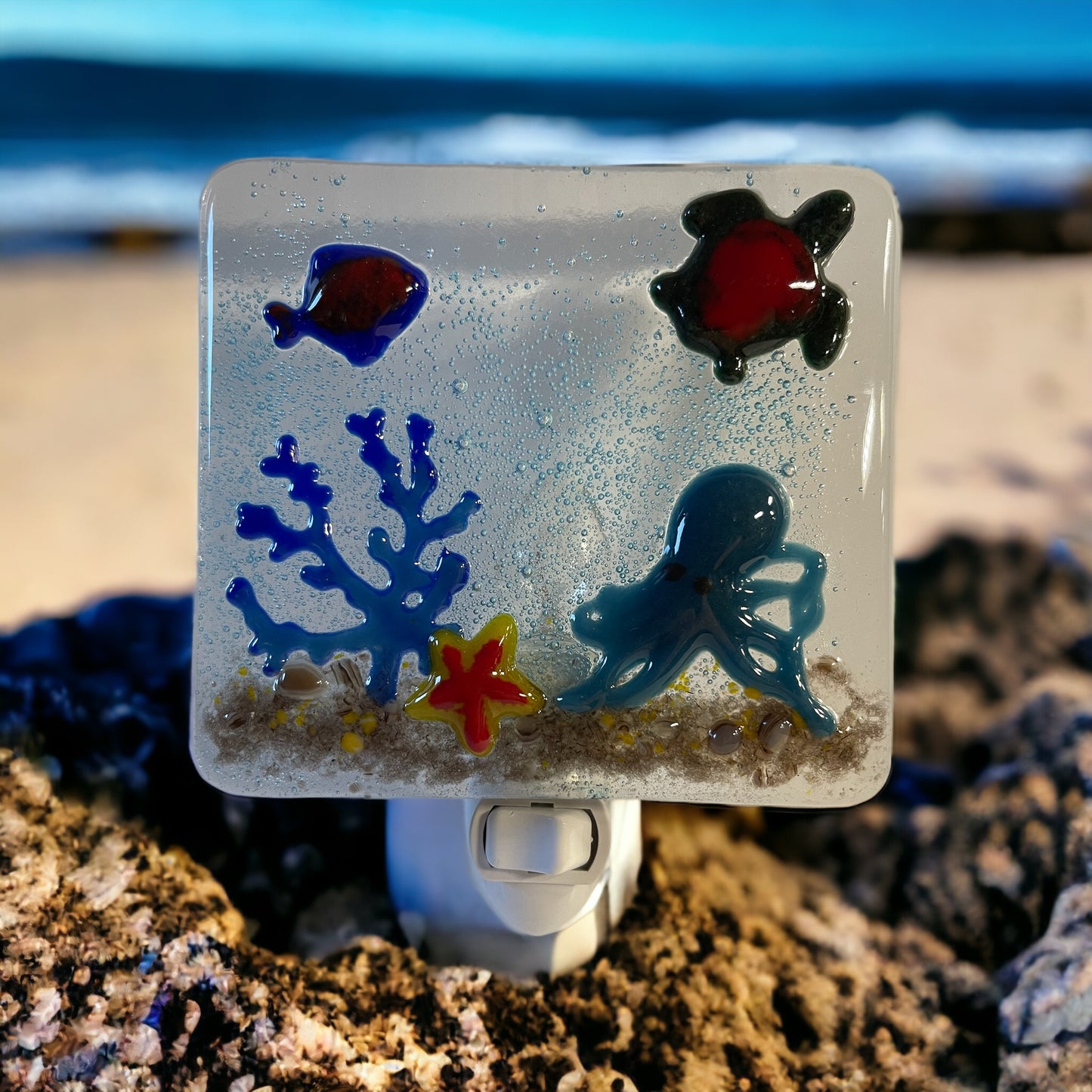 Under the Sea with Fish and Octopus Fused Glass Night Light - Handmade