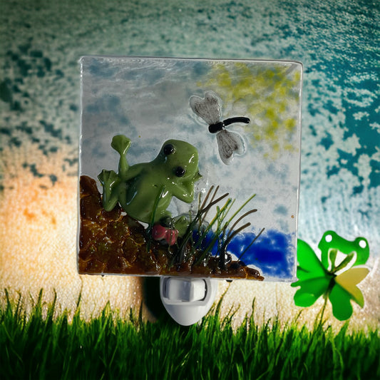 Frog Catching a Bug in Swamp Fused Glass Night Light - Handmade