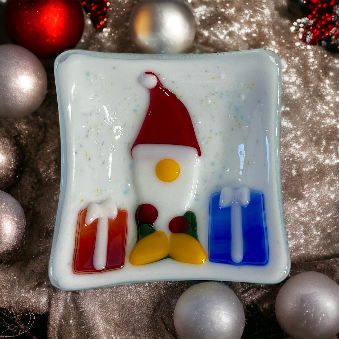 Holiday Gnome with Christmas Gifts Fused Glass Trinkets or Treats Dish - handmade