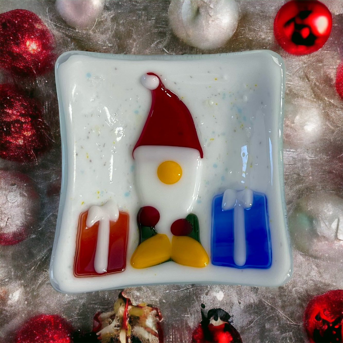 Holiday Gnome with Christmas Gifts Fused Glass Trinkets or Treats Dish - handmade