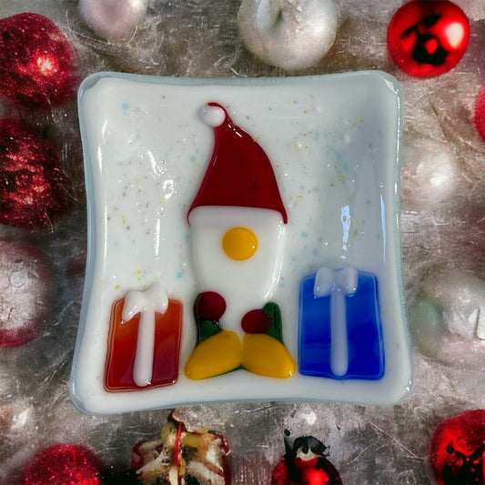 Holiday Gnome with Christmas Gifts Fused Glass Trinkets or Treats Dish - handmade