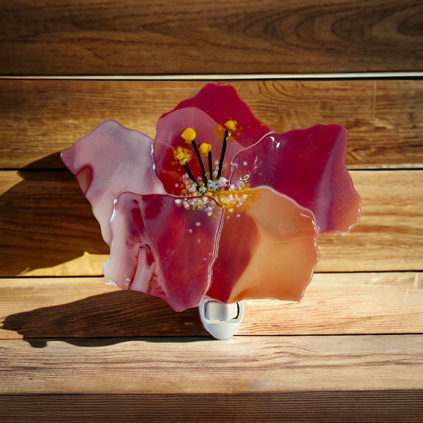 Red/Maroon and Yellow Hibiscus Fused Glass Night Light - Handmade