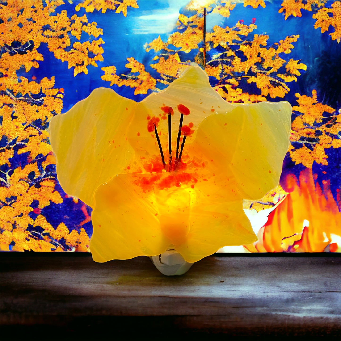 Red/Maroon and Yellow Hibiscus Fused Glass Night Light - Handmade