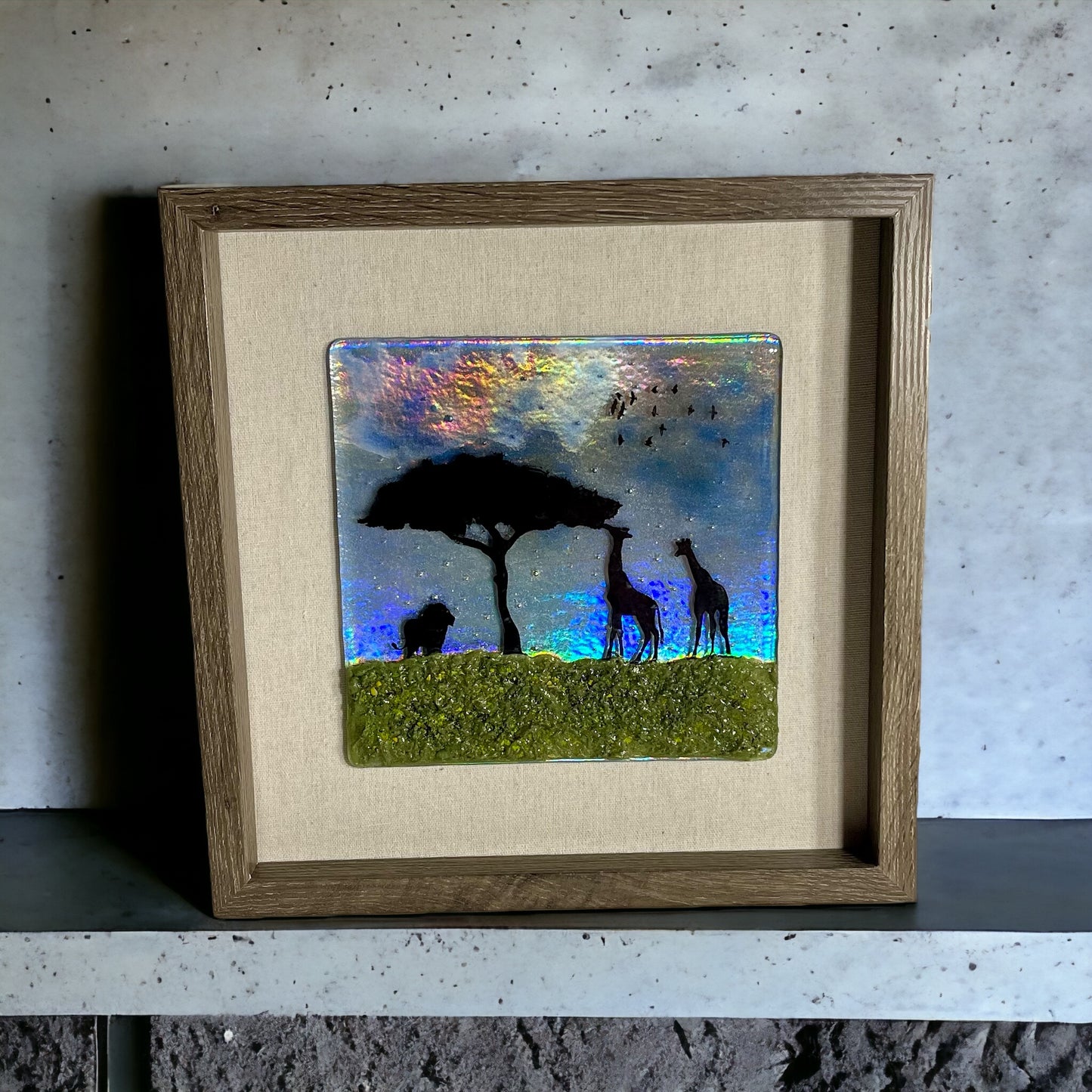 Giraffes and Lion on the African Plain Fused Glass Picture with Iridescent Sky - Handmade