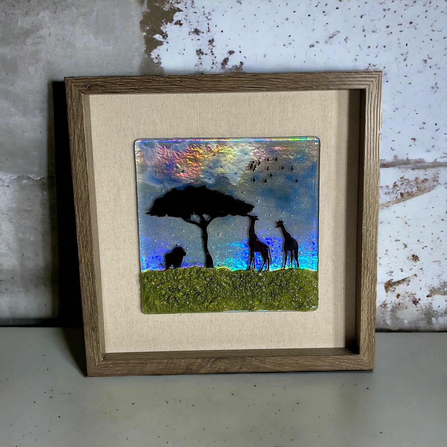 Giraffes and Lion on the African Plain Fused Glass Picture with Iridescent Sky - Handmade