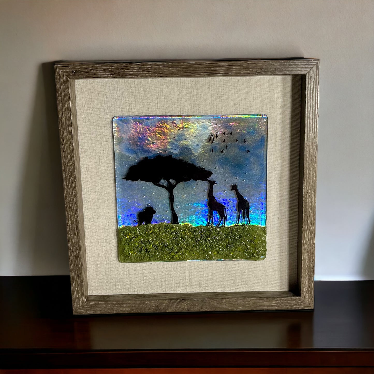 Giraffes and Lion on the African Plain Fused Glass Picture with Iridescent Sky - Handmade