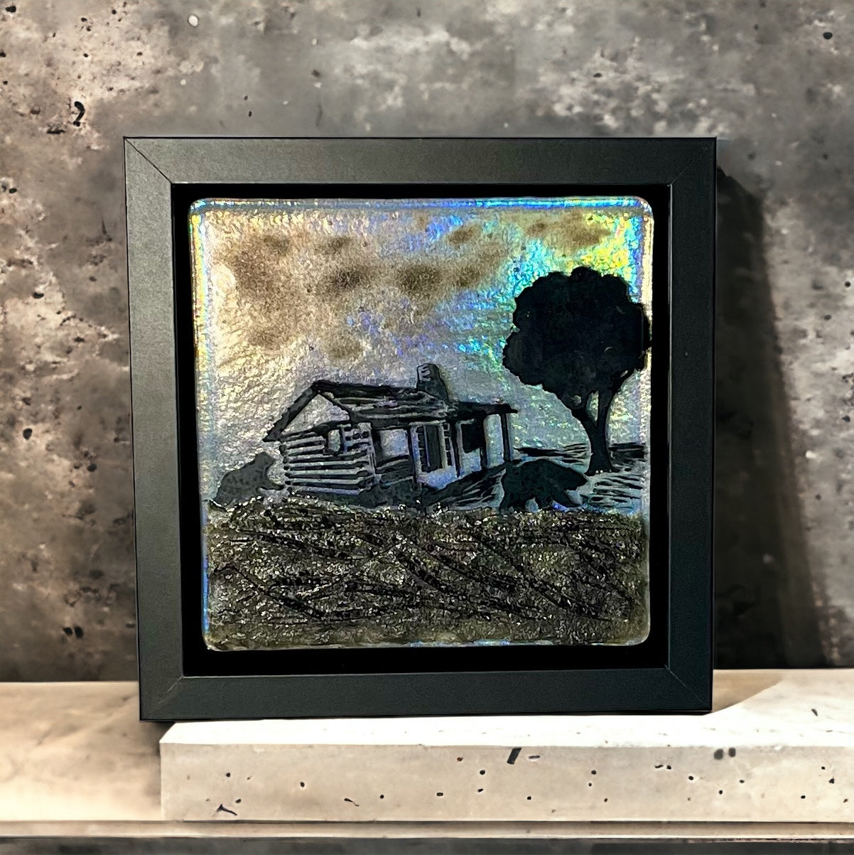 Rustic Old Cabin with Bear Fused Glass Picture with Iridescent Sky - Handmade