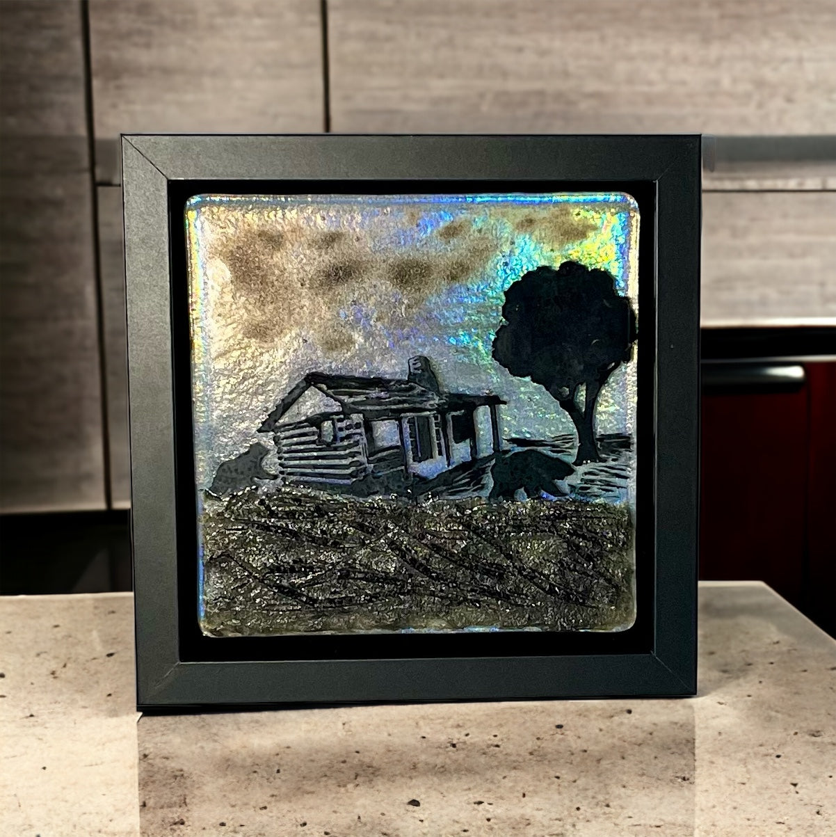 Rustic Old Cabin with Bear Fused Glass Picture with Iridescent Sky - Handmade