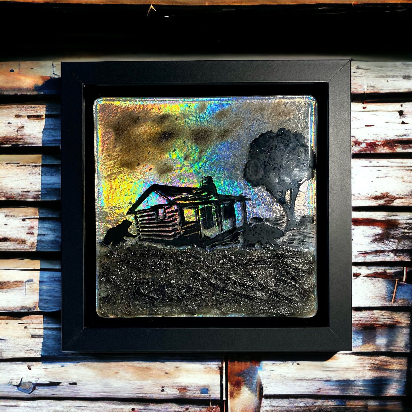 Rustic Old Cabin with Bear Fused Glass Picture with Iridescent Sky - Handmade