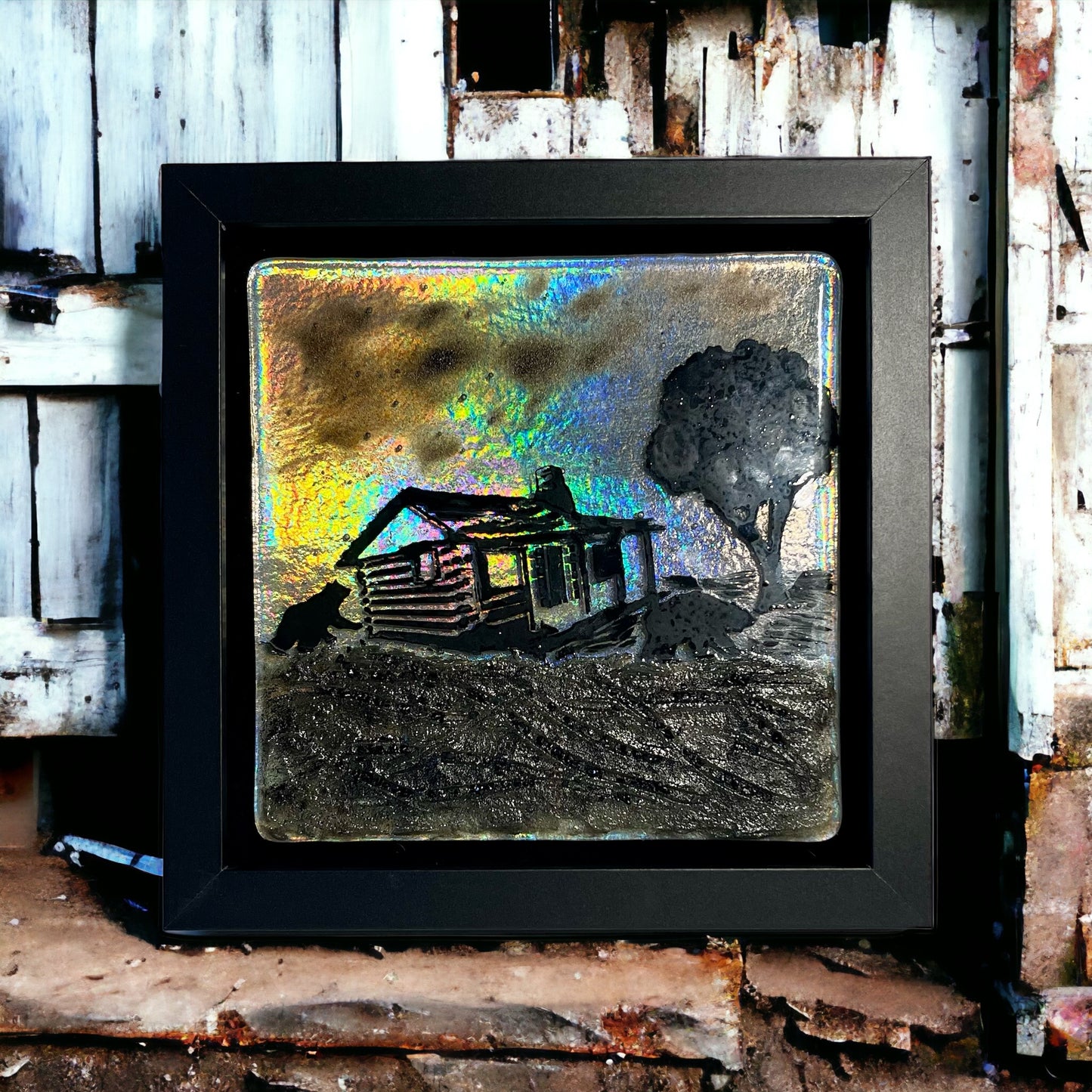 Rustic Old Cabin with Bear Fused Glass Picture with Iridescent Sky - Handmade