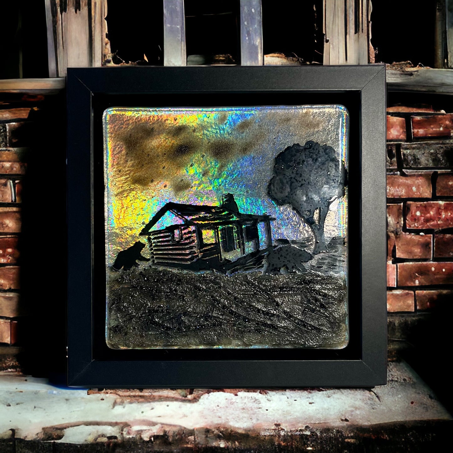 Rustic Old Cabin with Bear Fused Glass Picture with Iridescent Sky - Handmade