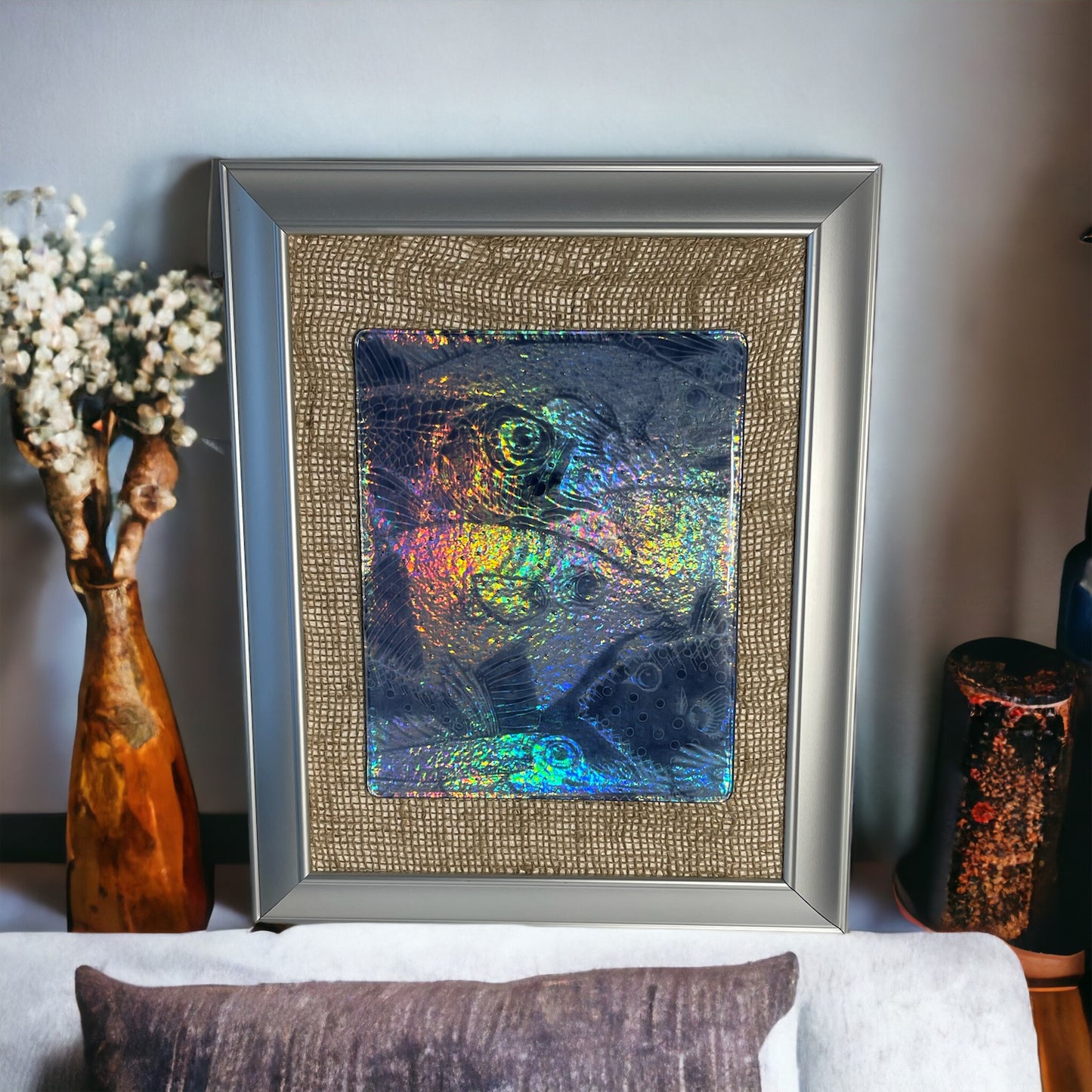 Multiple Dark Blue Fish Fused Glass Picture with Iridescent Background - Handmade