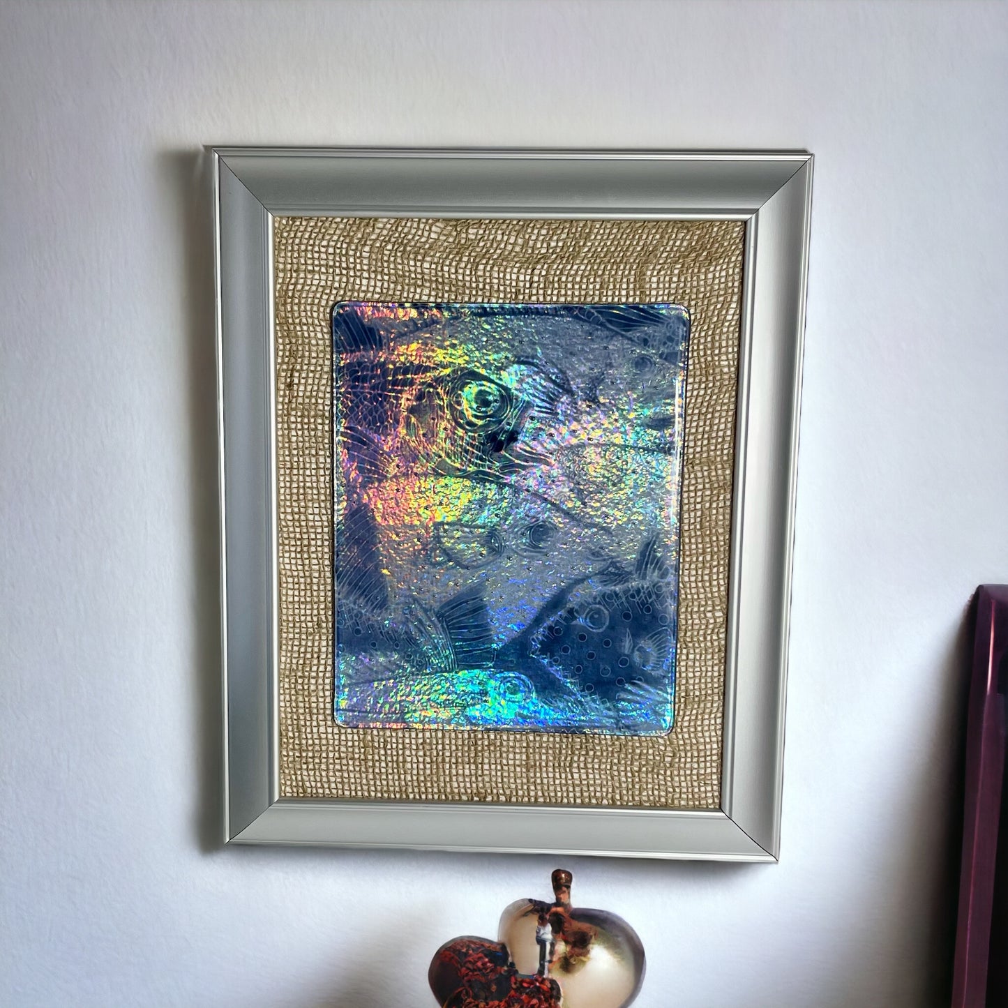 Multiple Dark Blue Fish Fused Glass Picture with Iridescent Background - Handmade