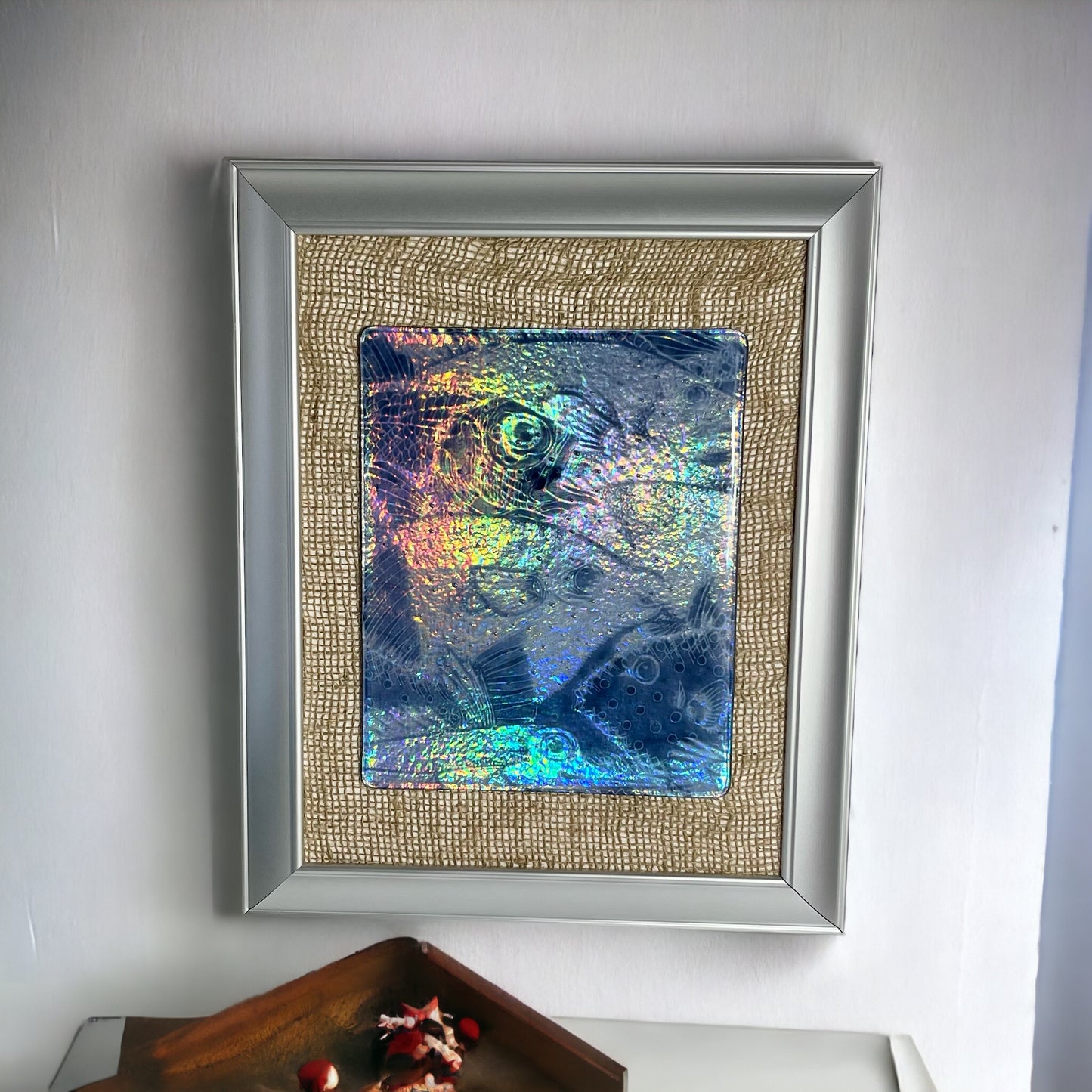 Multiple Dark Blue Fish Fused Glass Picture with Iridescent Background - Handmade