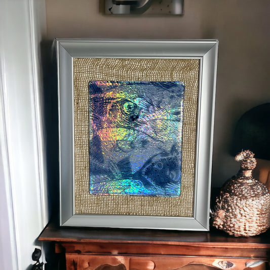 Multiple Dark Blue Fish Fused Glass Picture with Iridescent Background - Handmade