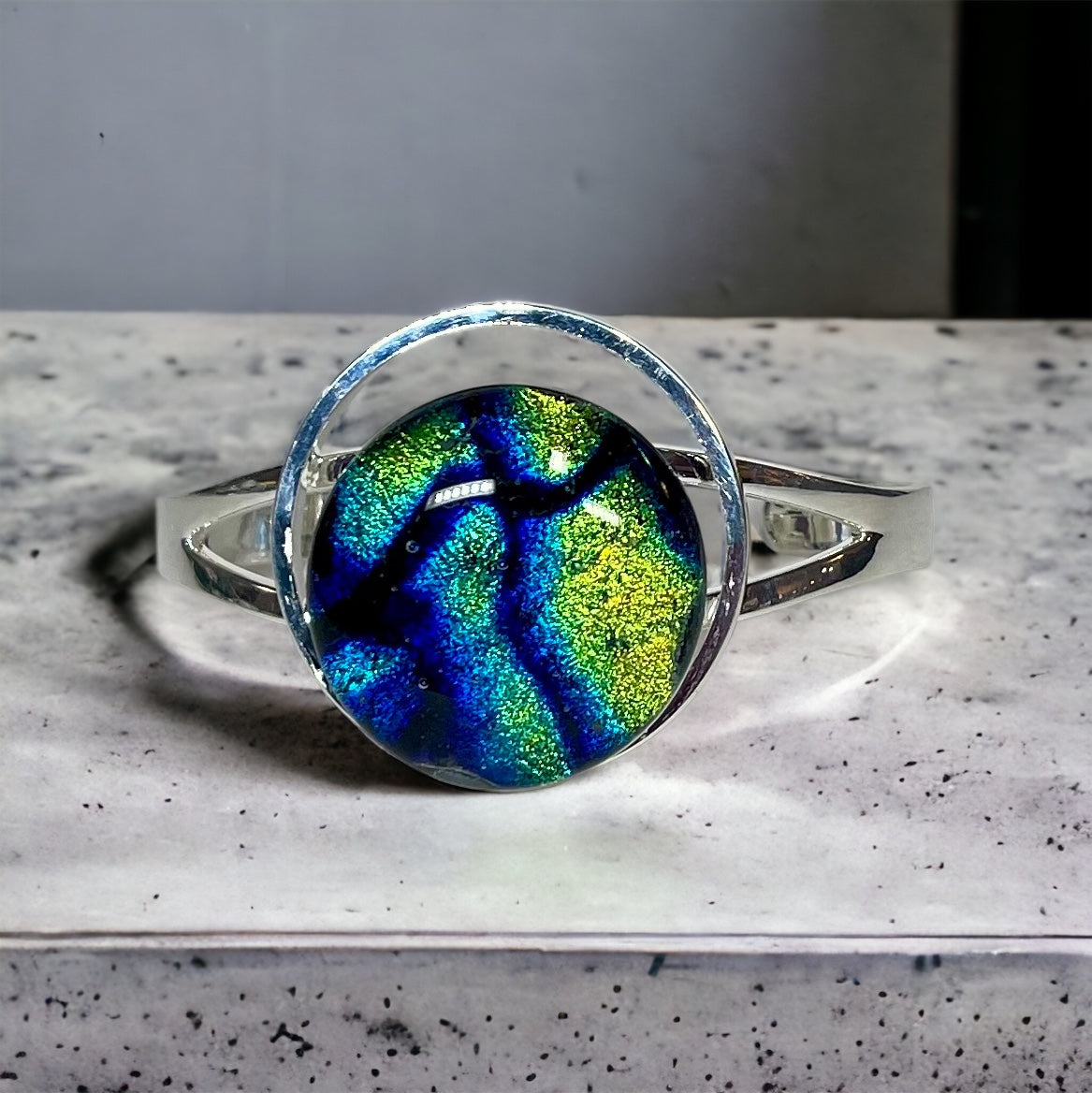 Multi-Colored Blue Hues, Yellow and Green Dichroic Glass on Silver Plated Bracelet - Handmade