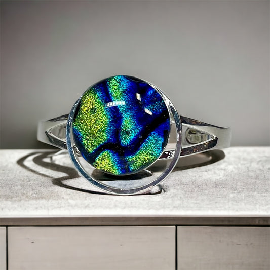 Multi-Colored Blue Hues, Yellow and Green Dichroic Glass on Silver Plated Bracelet - Handmade