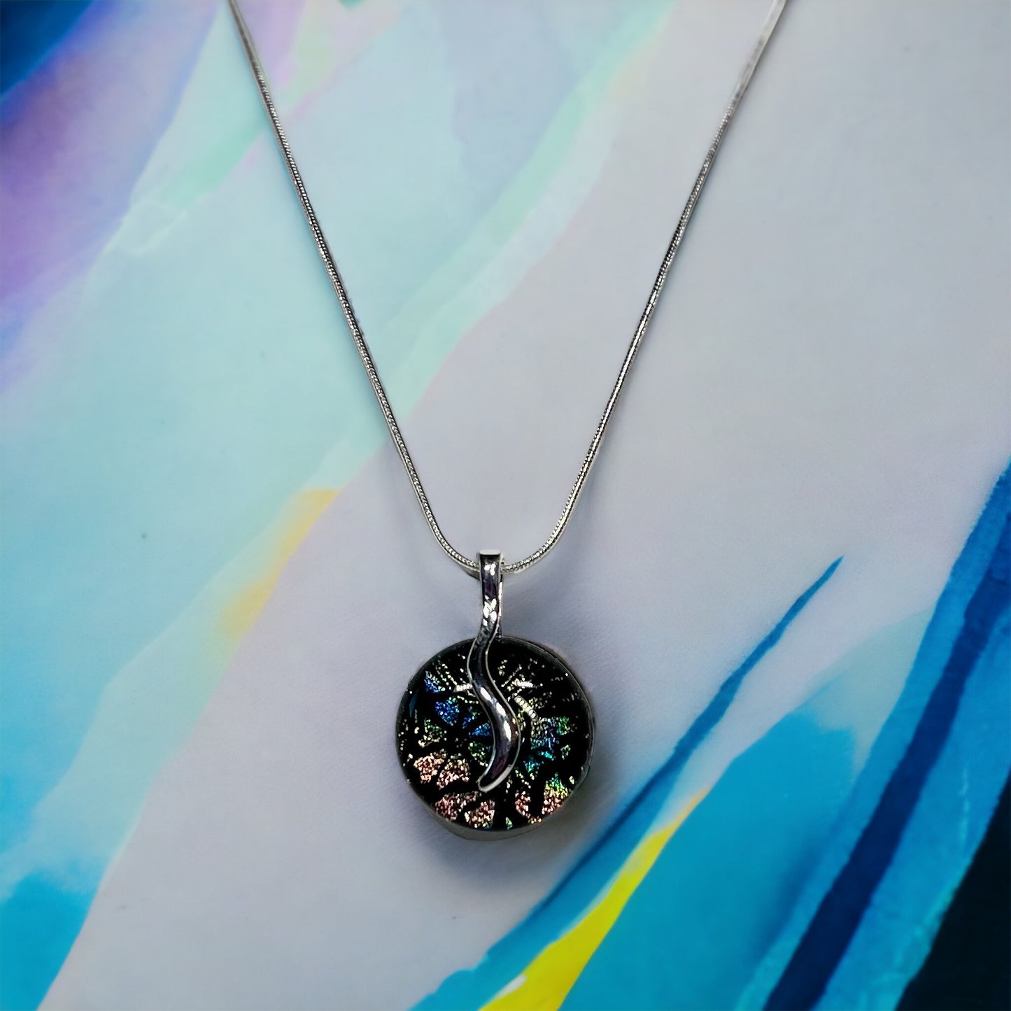 Multi-Colored Flower Dichroic Glass Pendant in Silver Plated Setting - Handmade          