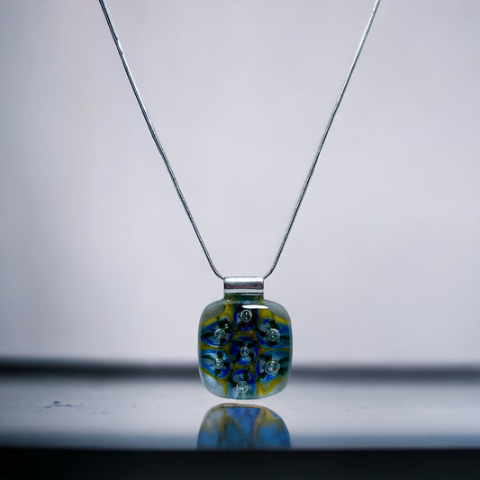 Blue Hues with Yellow and 3D Bubbles Fused Glass Pendant with Murine - Handmade          