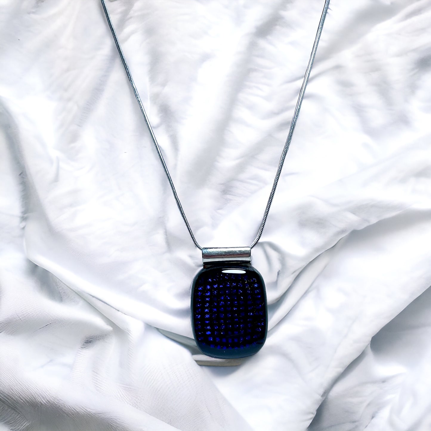 Dark Blue Square Sparkles of Dichroic Glass Pendant - Handmade          